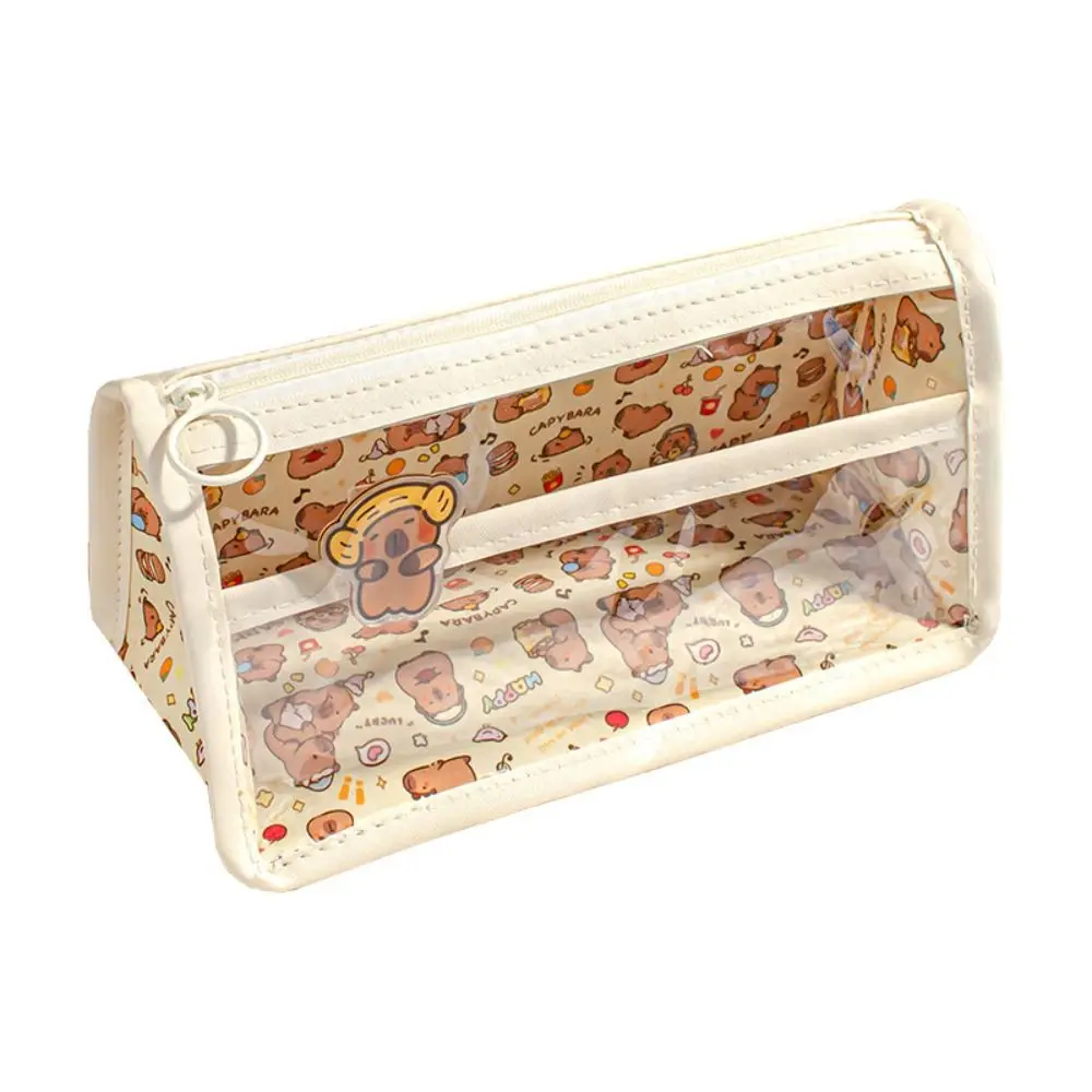 Large Capacity Capybara Pen Bag Triangle Base PVC Pencil Case Waterproof Transparent Stationery Bag Gift