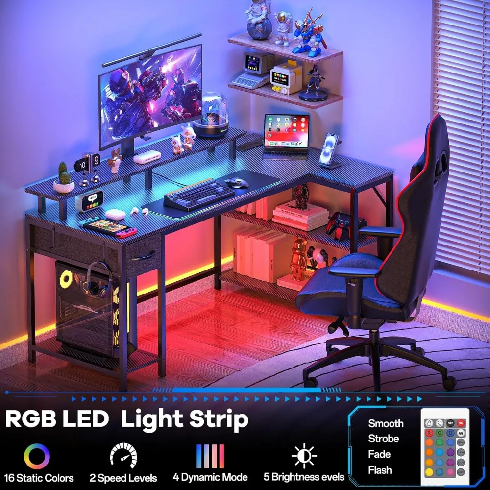 Escritorio para juegos en forma de L con iluminación LED y toma de corriente, escritorio Reversible de 47 pulgadas con soporte para CPU, soporte para Monitor, cajón, hogar