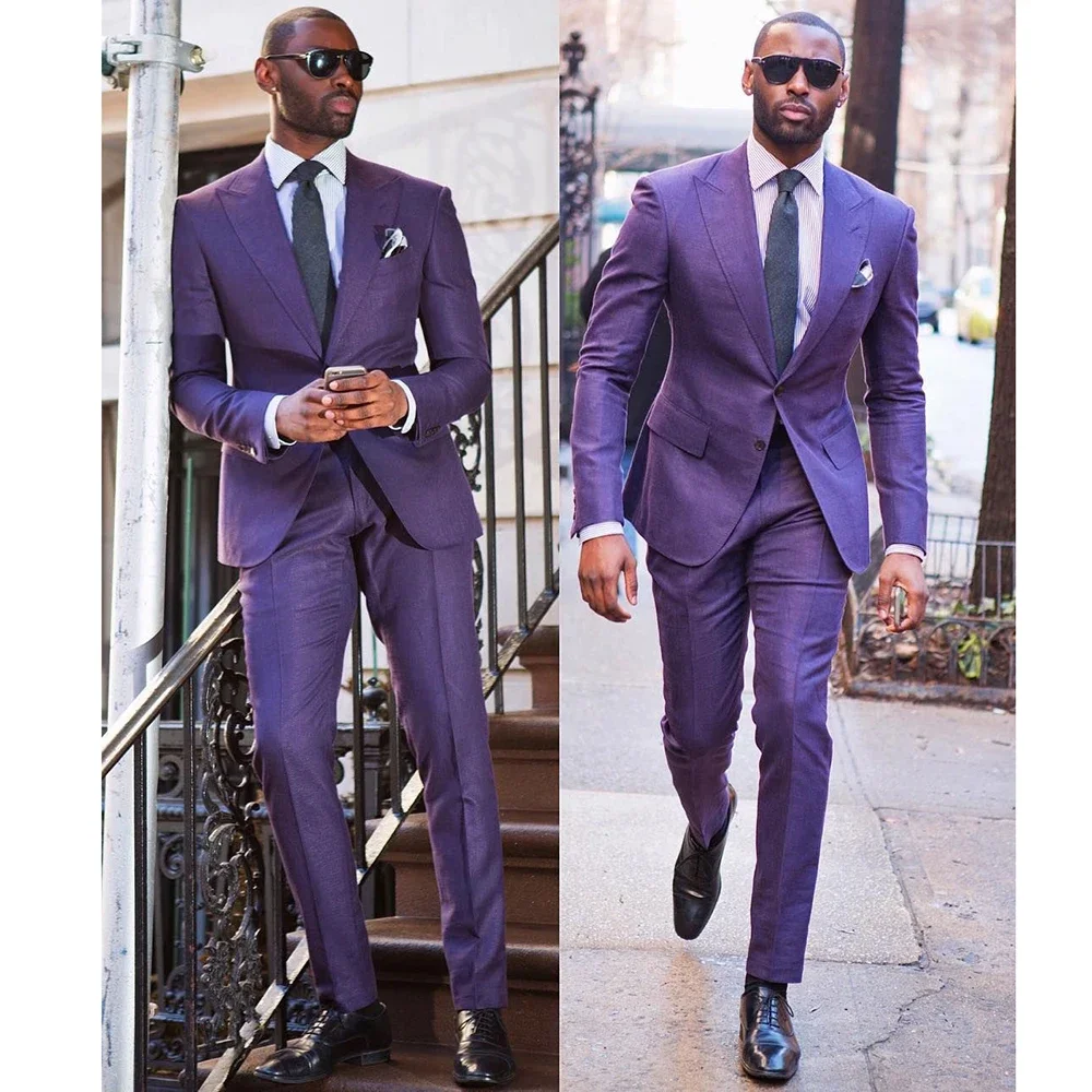 

Fashion Peak Lapel New Male Suits Two Buttons Purple Smart Business Wedding Tuxedo Casual Slim Fit 2 Pieces Set Jacket Pants