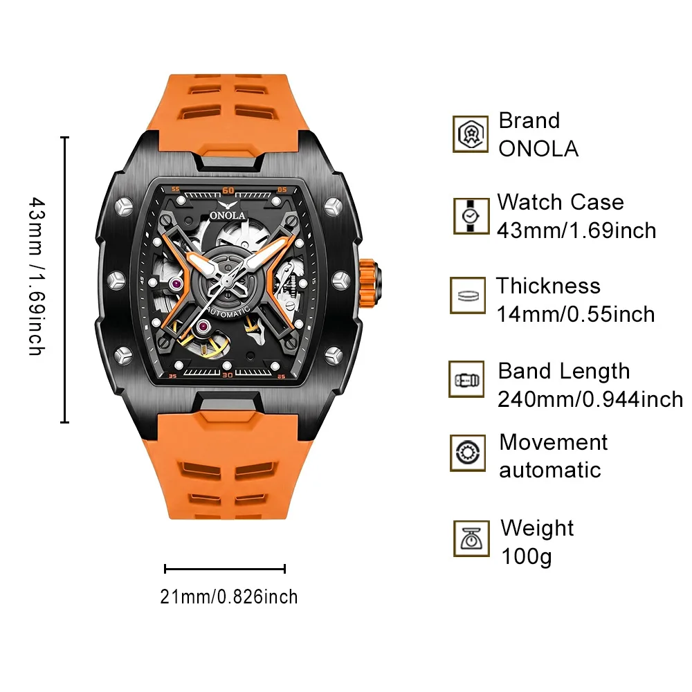 

ONOLA 3870 Fashionable Hollow Out New Fully Automatic Mechanical Men Silicone Tape Waterproof Watches for Man Reloj
