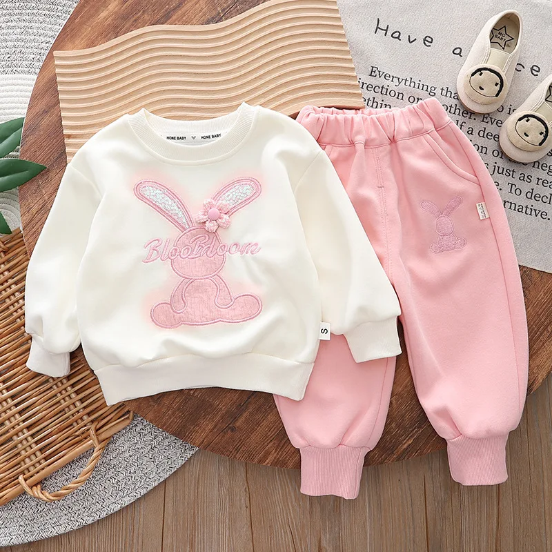 Baby girl spring clothes2024Spring and Autumn New Children\'s Cartoon Rabbit Long-Sleeved Sweater Two-Piece Set1-5Small Children\'