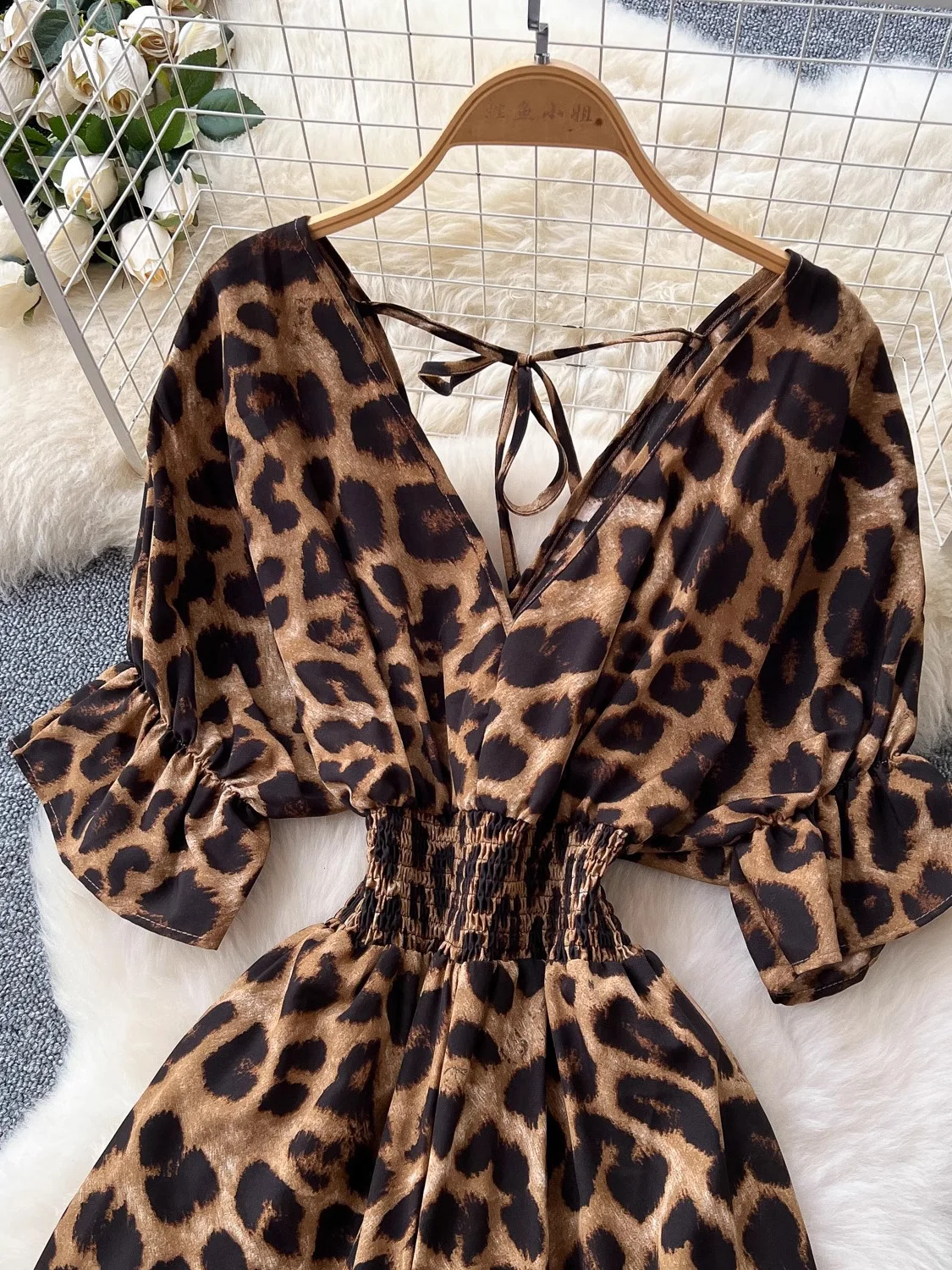 Women's Summer Leopard Print Jumpsuit Lace-Up V-Neck Bell Sleeve Wide Leg Romper Tied Waist Pants Casual Resort Outfit New