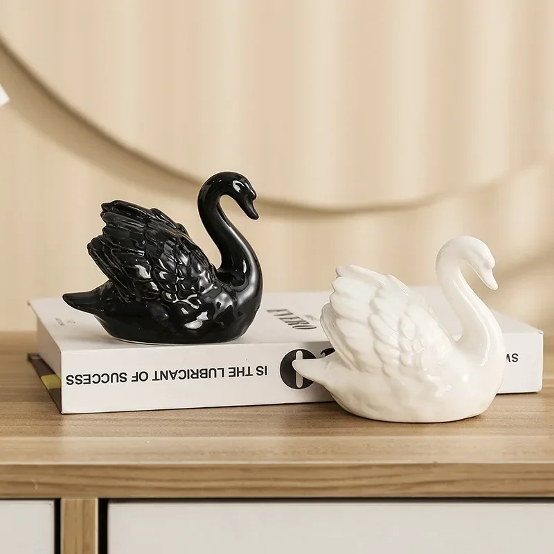 Lovers Swan Ceramic Trinket Creative Black and White Living Room Study Animal Bonsai DIY Soft Decoration Home Accessories