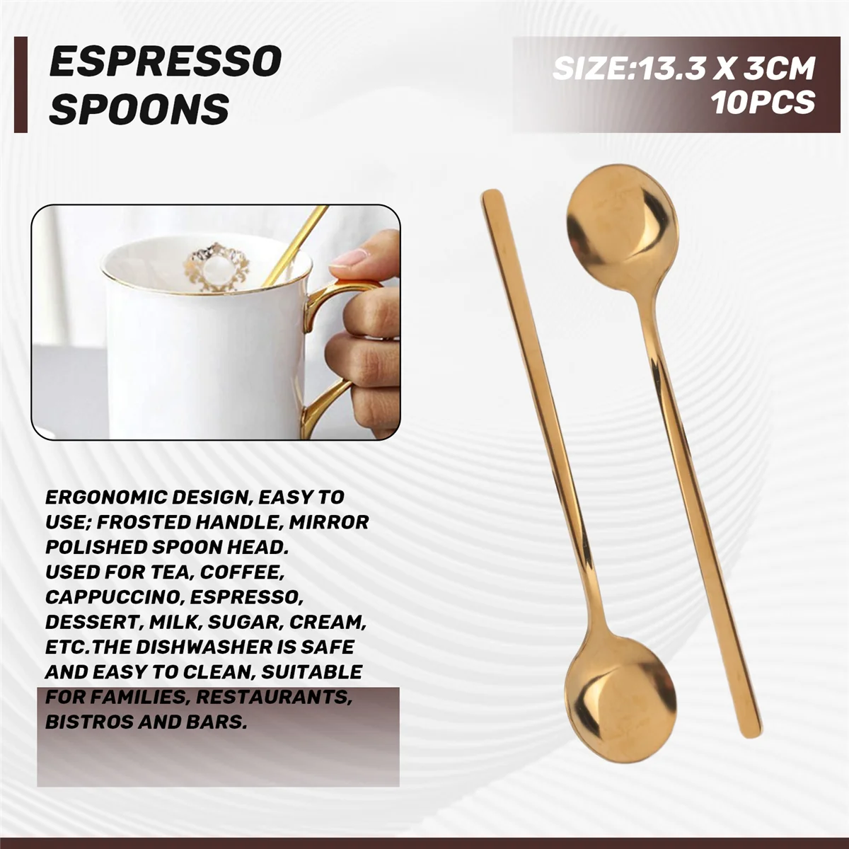 Qualitative Stainless Steel 10 Pcs Espresso Spoons Teaspoons for Coffee Sugar Dessert Cake Ice Cream Soup Antipasto (Gold)