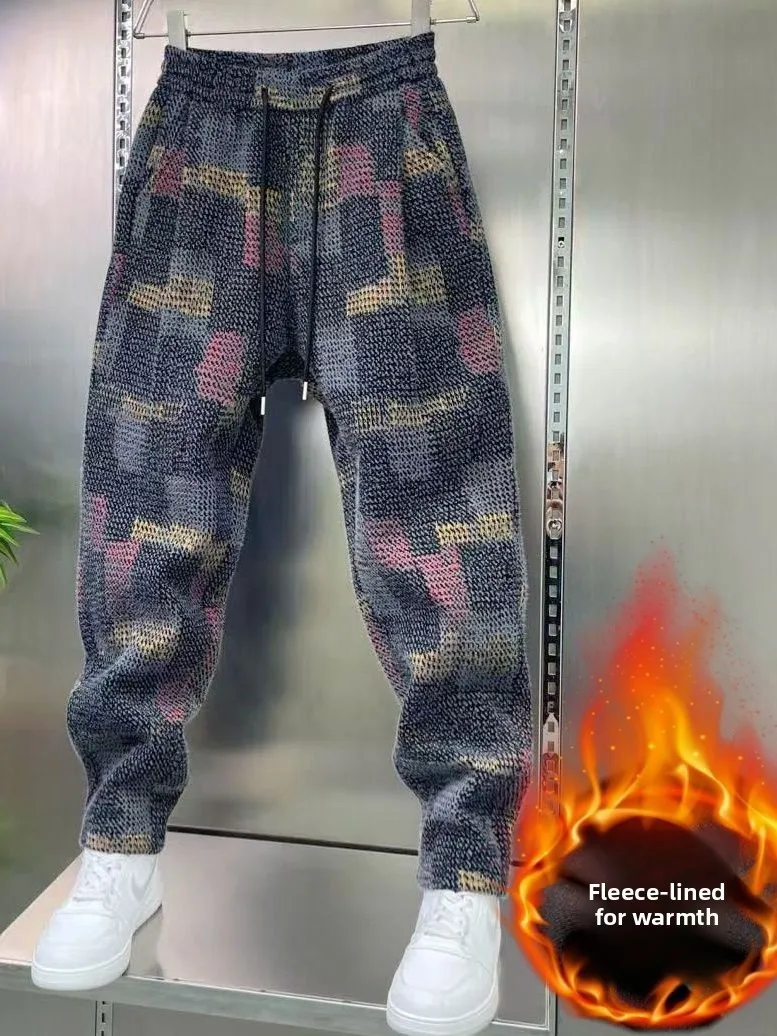 

Men's Straight Leg Casual Pants Autumn Winter Fce Plaid Splicing Leisure Trousers High Quali European Sle Polyester Fiber