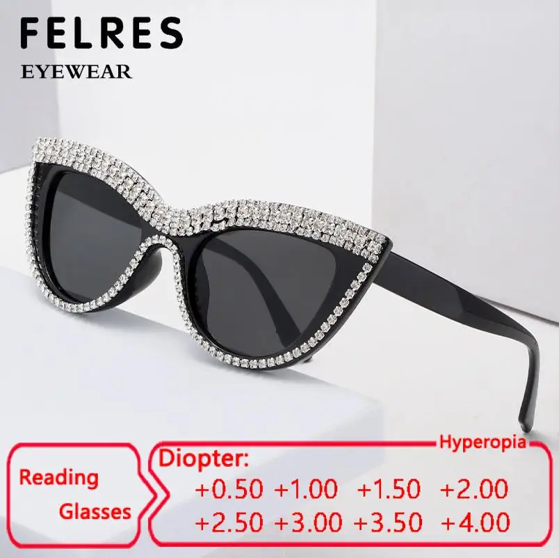 

Luxury Diamond Cat Eye Black Reading Sunglasses Women Designer Big Frames Presbyopic Glasses Prescription Shade Sun Glasses