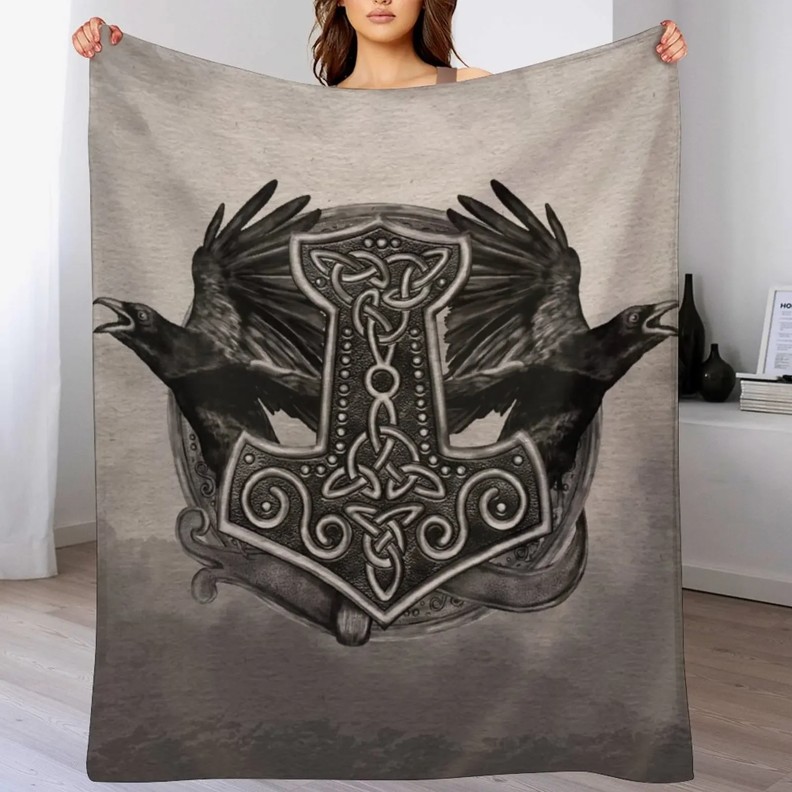 

Mjolnir The hammer of Thor and ravens Throw Blanket Luxury Throw Picnic Sofa Throw Blankets