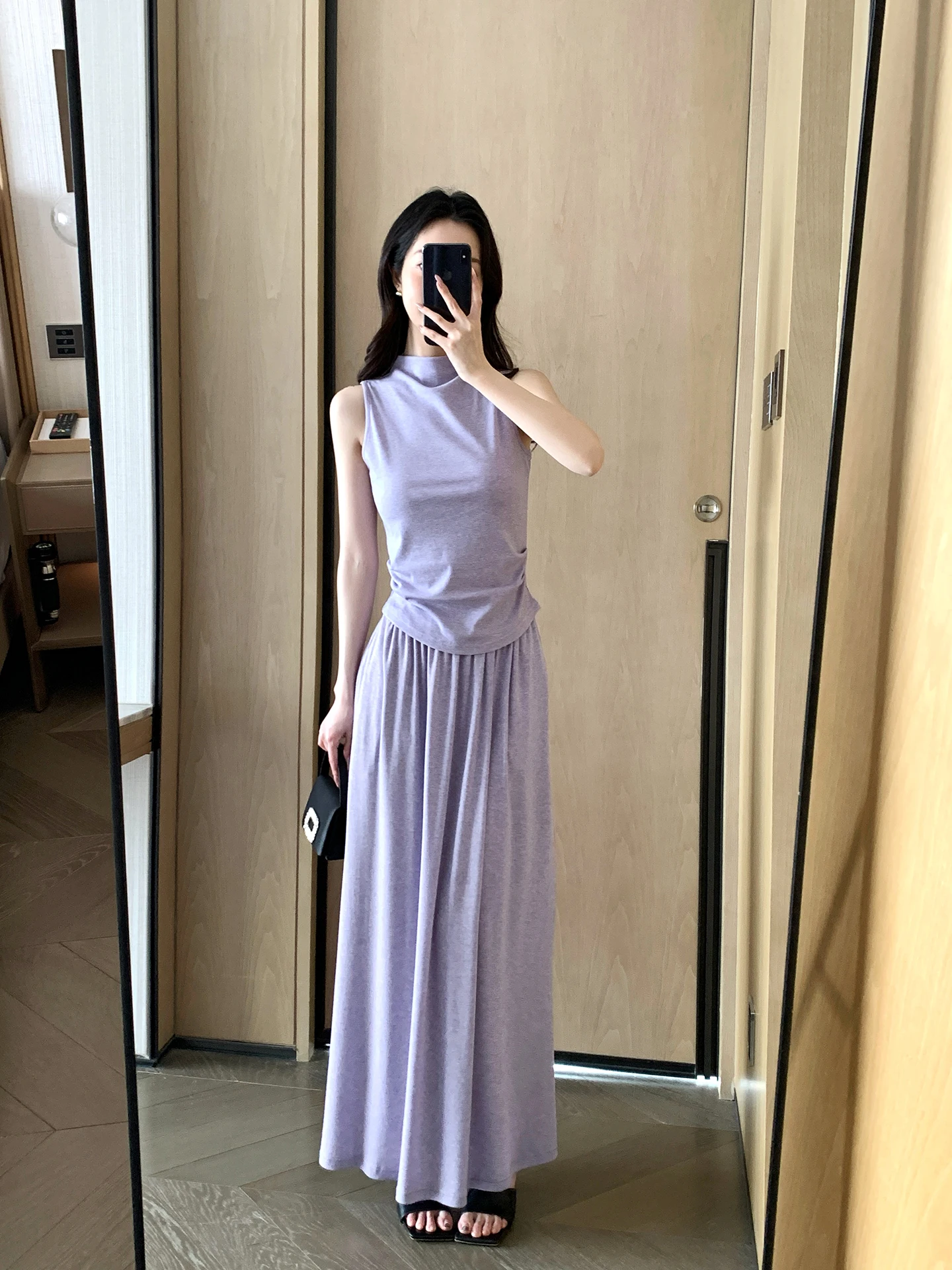 

Fashionable Light Purple Half High Collar Top And Skirt Set Women's Spring 2026 Two-Piece Suit by FT GUOGE Elegant Casual Wear