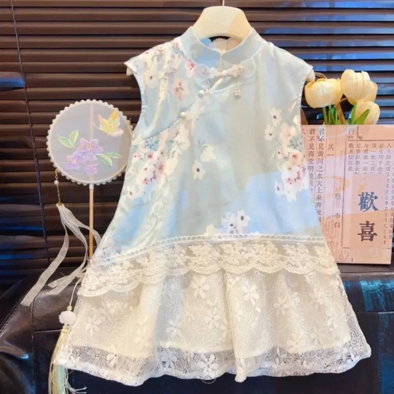 Chinese-style girl princess dress, new summer Hanfu dress for girls, cheongsam dress, summer new Chinese-style mesh tank dress