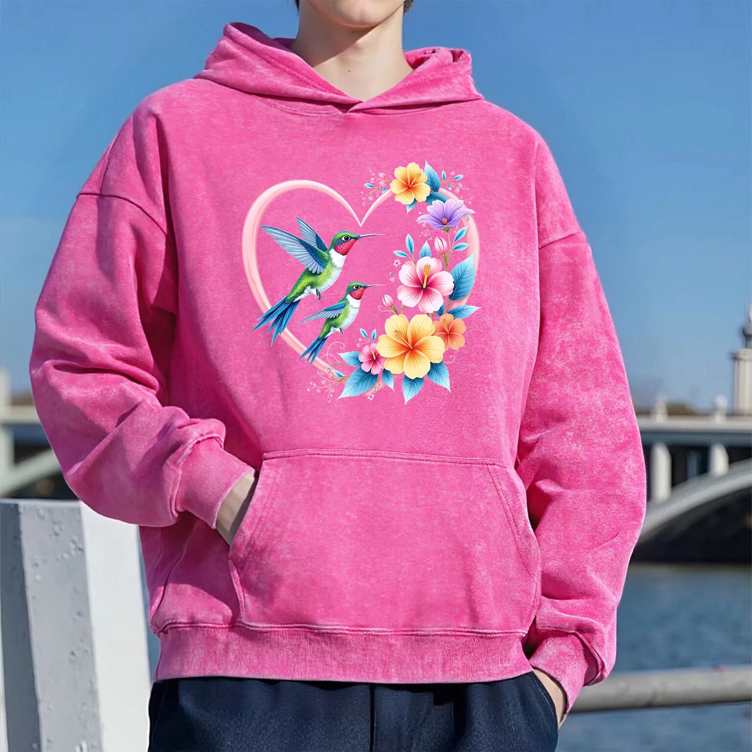 سويت شيرت بقلنسوة بنمط طيور ريترو مغسول للجنسين كاجوال بنمط رياضي مصنوع من القطن الخالص طراز الشارع 400 جرام