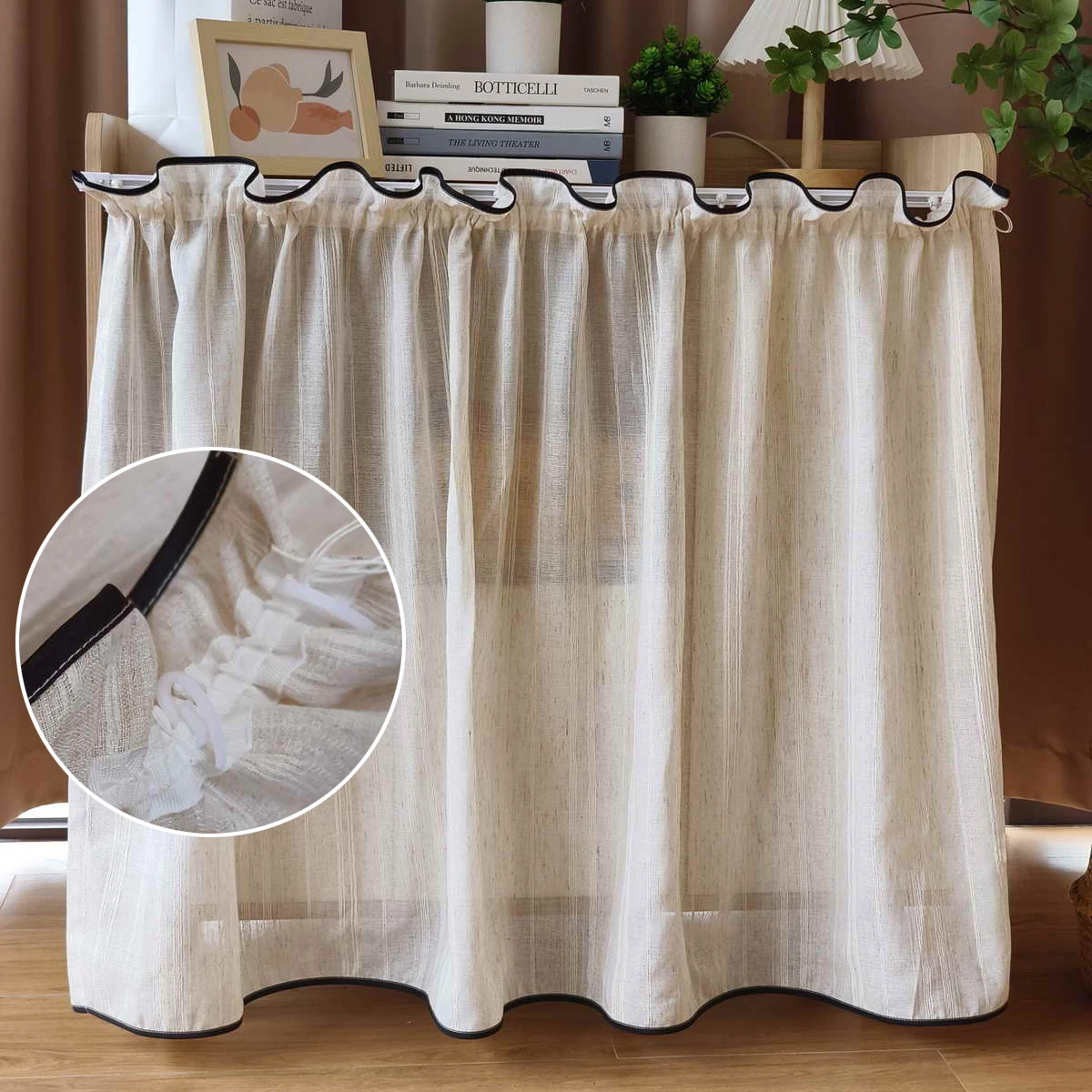 1PC Japanese Solid Color Stripes Short Curtain for Cupboard Kitchen Top and Bottom Edging Sheer Window Drape Study