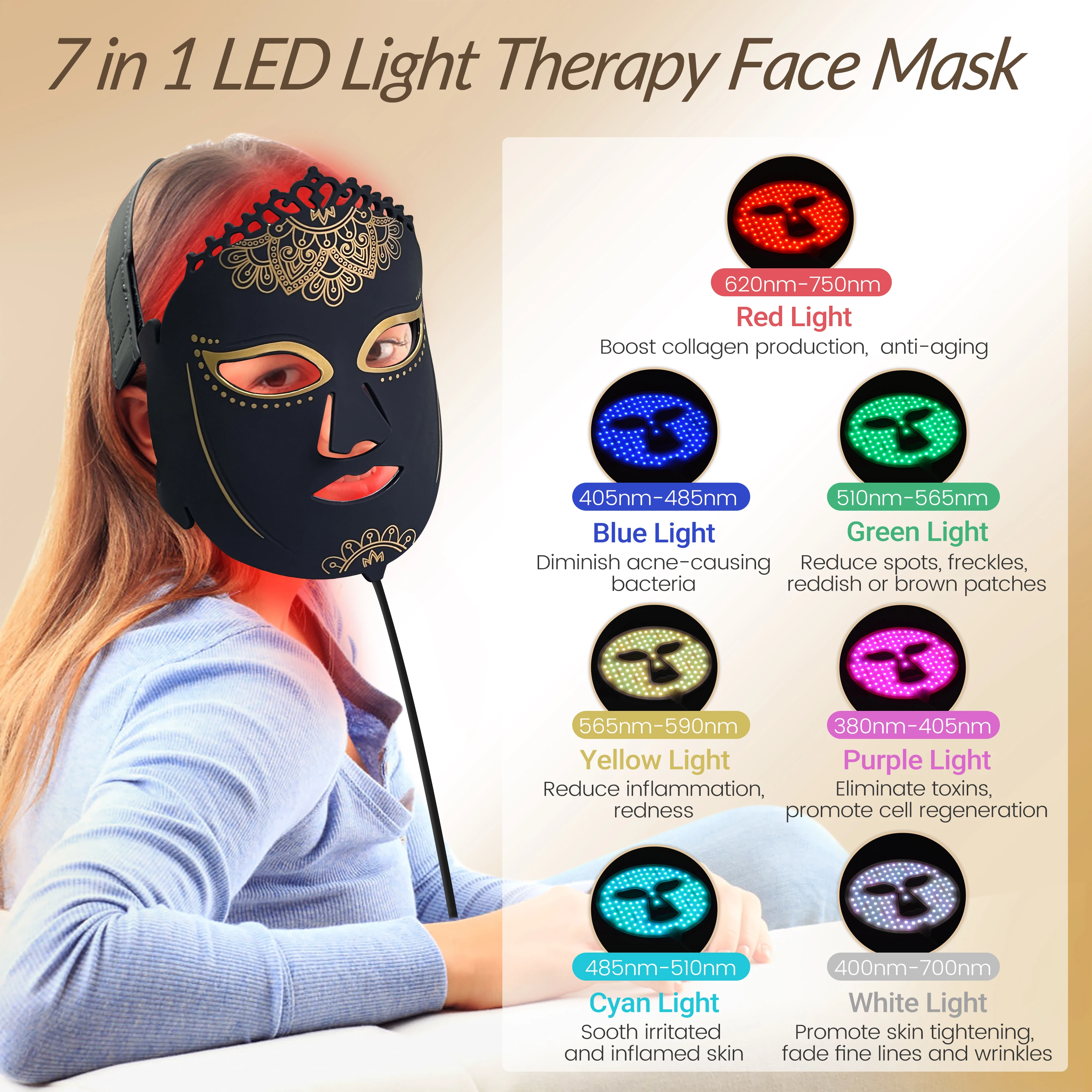 Dawfek-mascarilla Facial de terapia de luz Led de 7 colores, terapia de luz Facial, mejora la elasticidad de la piel y aclara el blanqueamiento de las ojeras