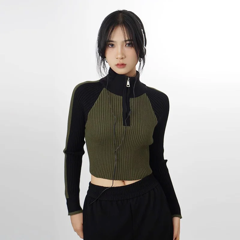 

Women High Neck Sweater Mujer Autumn Clothes Half Zip Knit Crop Top With Contrast Colour Detail