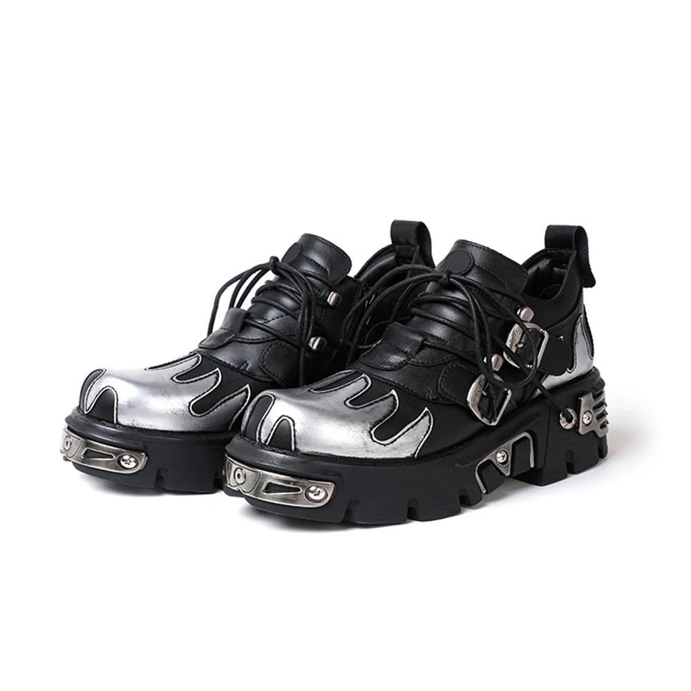 U-Double Punk Style Woman Gothic Flame Carved Vintage Rock Shoes 2022 New Dark  Leather Shoes Metal Niche Low Top Platform Shoes