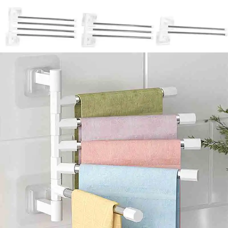 4-Arms Swivel Towel Bars Rotatable Towel Rack Hanger WithWall Mounted Storage Rack With Hooks Bathroom Swing Shower Towel Shelf