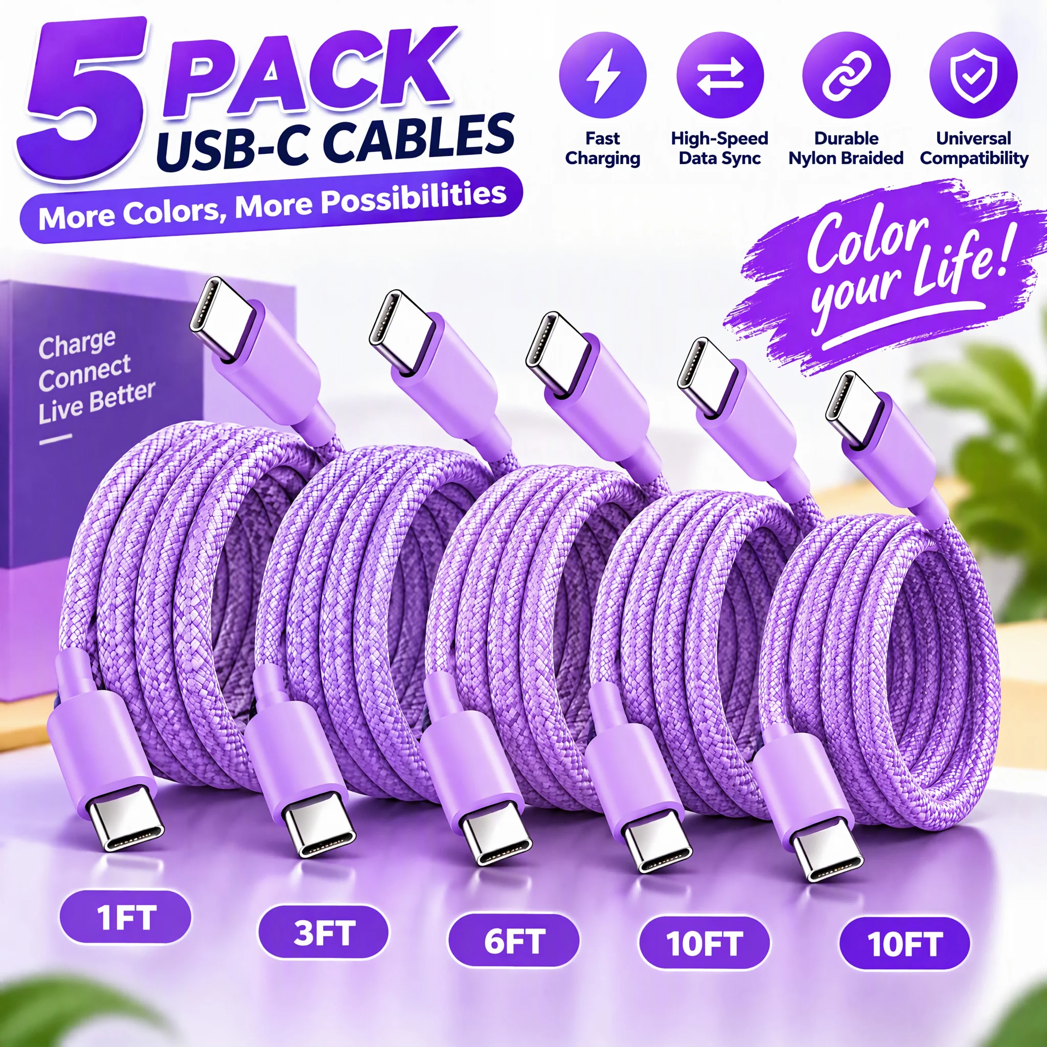 Purple USB C to USB C Cable 5 Pack, Nylon Braided Durable Type C Fast Charging Cable, Multi Length 1FT, High-Speed Data Sync for iPhone 15/16, Samsung, iPad, MacBook