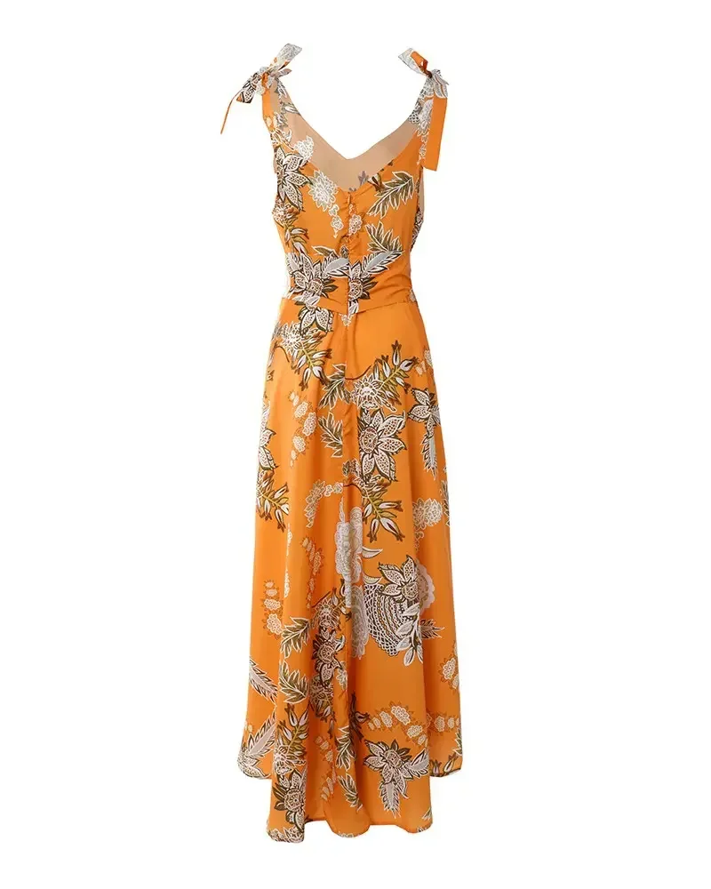 CPSYMYM Summer Woman Casual Chic V-Neck Floral Print Tied Detail Belted Design Sleeveless Maxi Vacation Dress