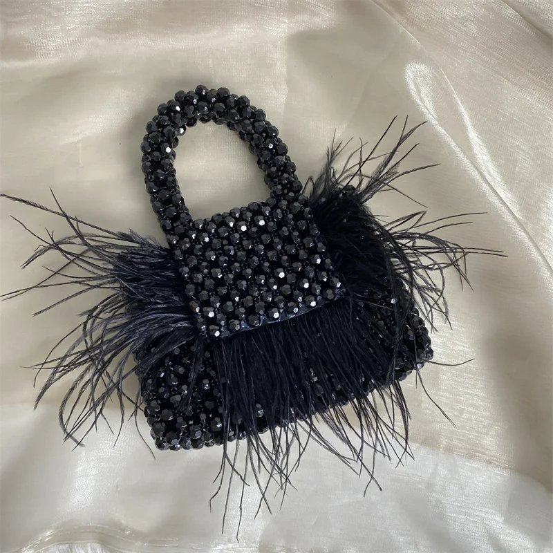 Add Feather Customized Party Dinner Bag Fashion Handmade Acrylic Woven Flap Women\'s Shoulder Bags Summer Senior Handbag Small