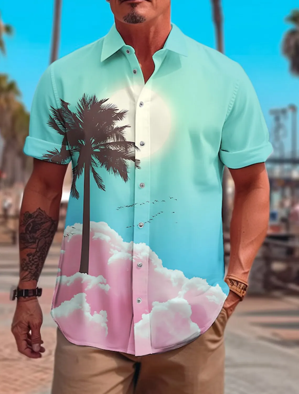 Hawaii Purple Beach Party Mens Graphic Shirt Summer Hawaiian Coconut Tree Turndown Button Short Sleeve Fashion Street Palm Trees