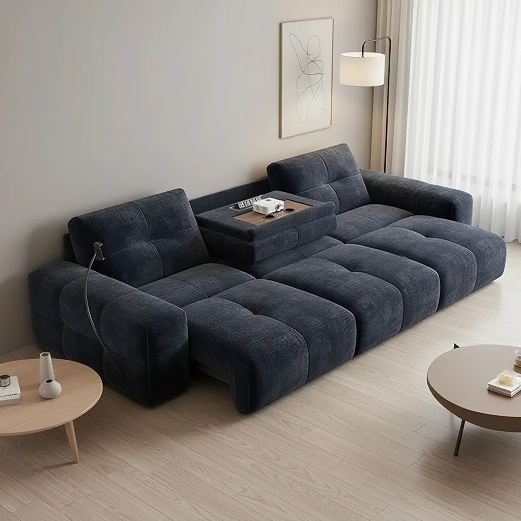 

#Premium Italian Fabric Electric Function Sofa Small Living Rooms Chenille Straight-line Smart Retractable Sofa Bed Wood Frame