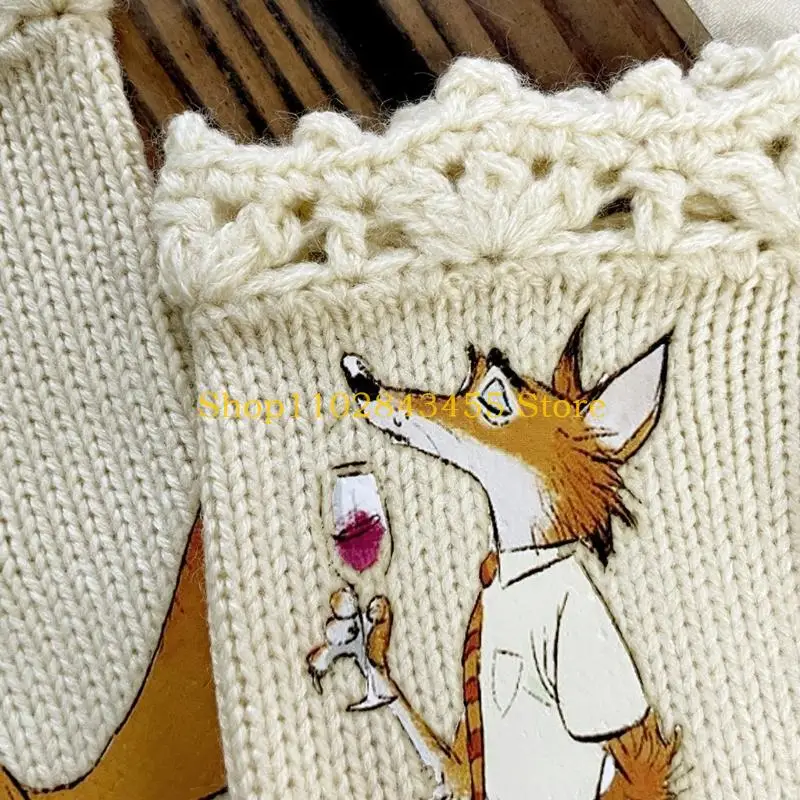 49MC Women Cartoon Foxes Print Gloves Outdoor Keep Warm Mittens Half Finger Gloves
