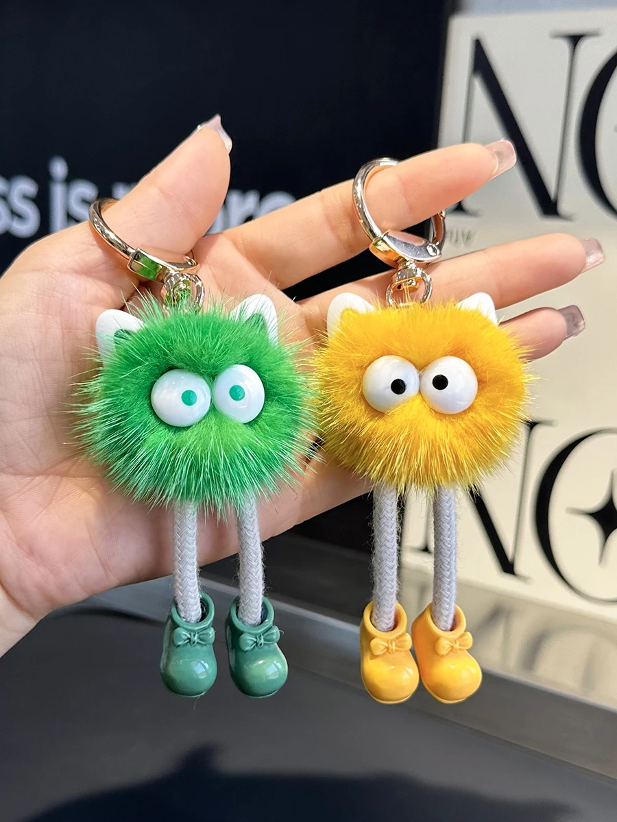 Natural Mink Fur Ball Doll Keychain Car KeyRing Pendant Plush School Bag Pendant Gift Bag Accessories Backpack Keychains
