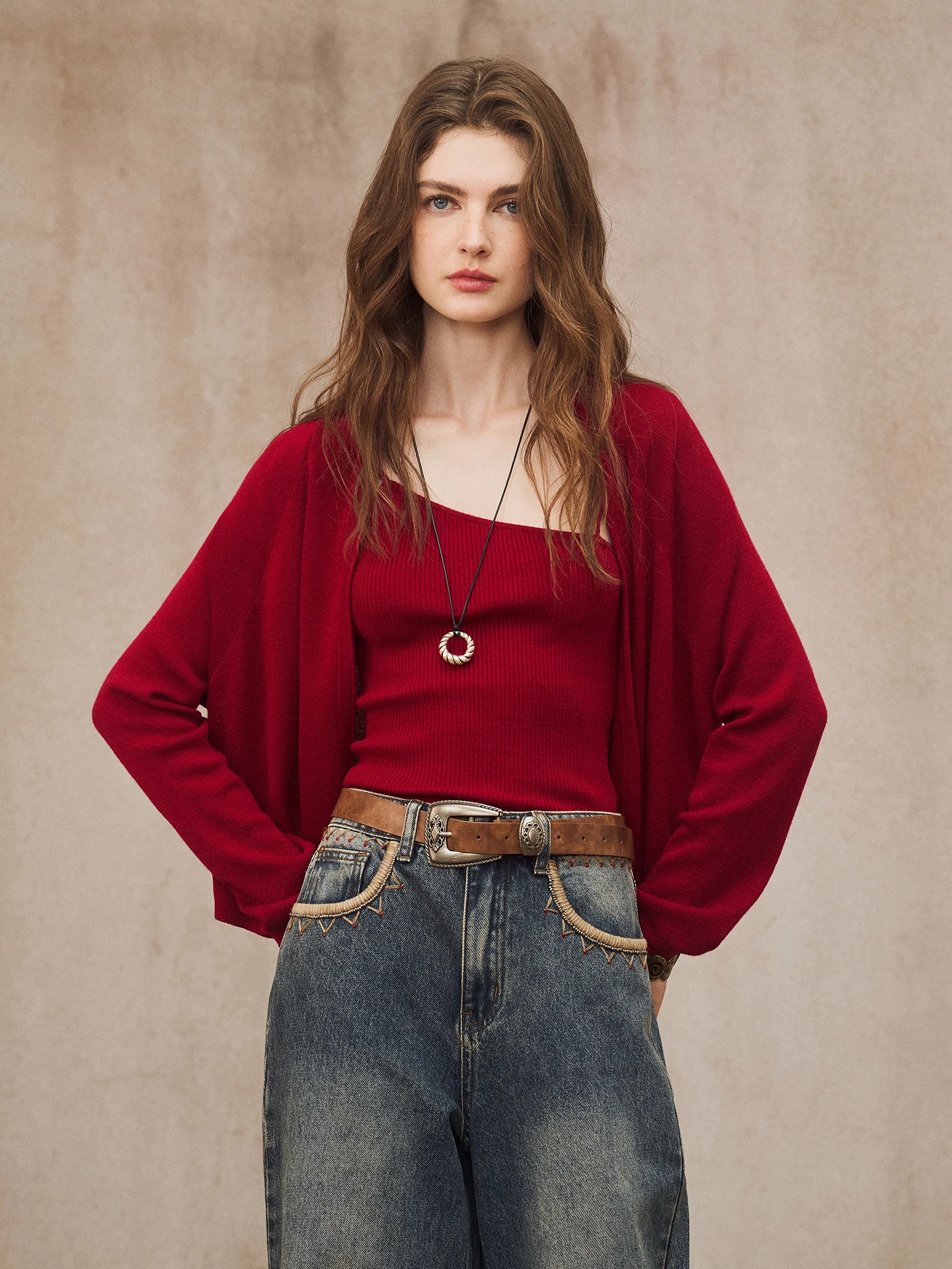 

Miorastudio Knitted Red Jaet Casual Ele Slim Fit oulder Baring Women's Faion Autumn 2025 Nylon Cardigan Sle
