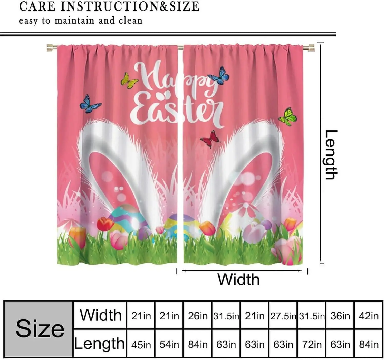 Pink Rabbits Ears Curtains, Happy Easter Butterfly Lovely Bunny Tulip Floral Plant Flower Window Drapes, for Living Room Bedroom