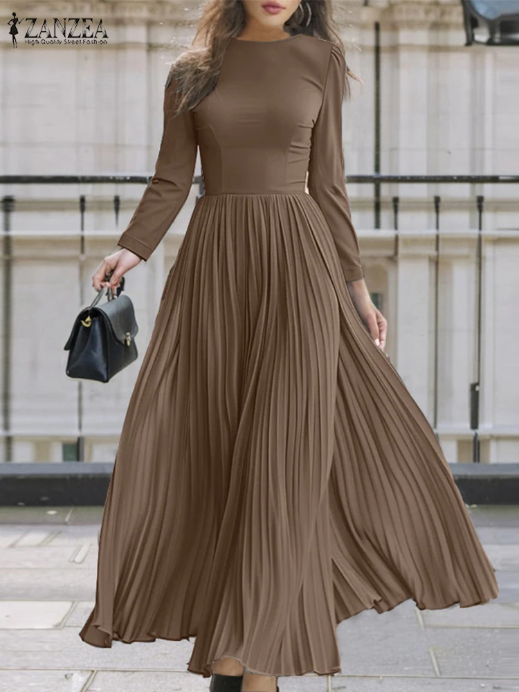 ZANZEA Fashion Women Long Sleeve Party Dresses Autumn Elegant Pleated Long Dress Casual Solid Patchwork Maxi Holiday Sundress