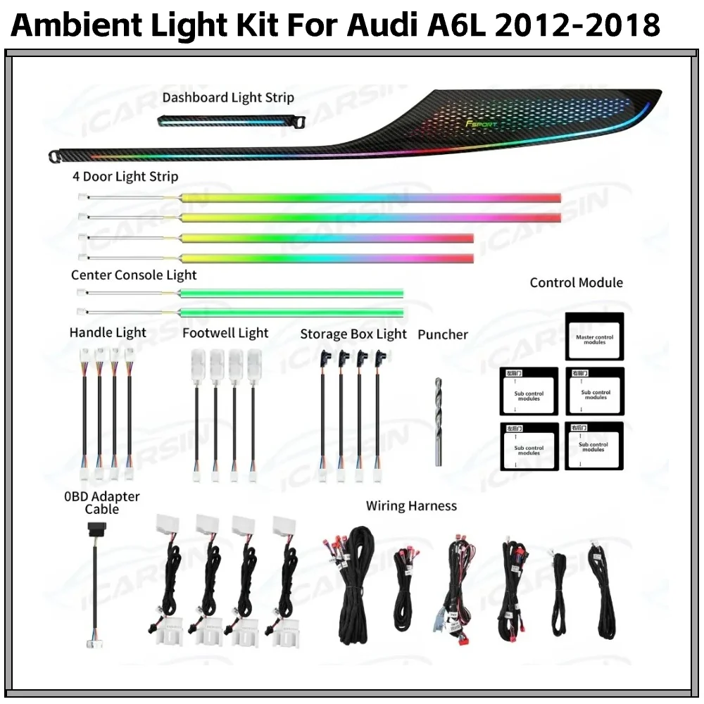 64 Colors Dynamic Wood Dashboard Trim Ambient Lighting for Audi A6 C7 A7 2012 - 2018 Interior Atmosphere LED Light Accessories