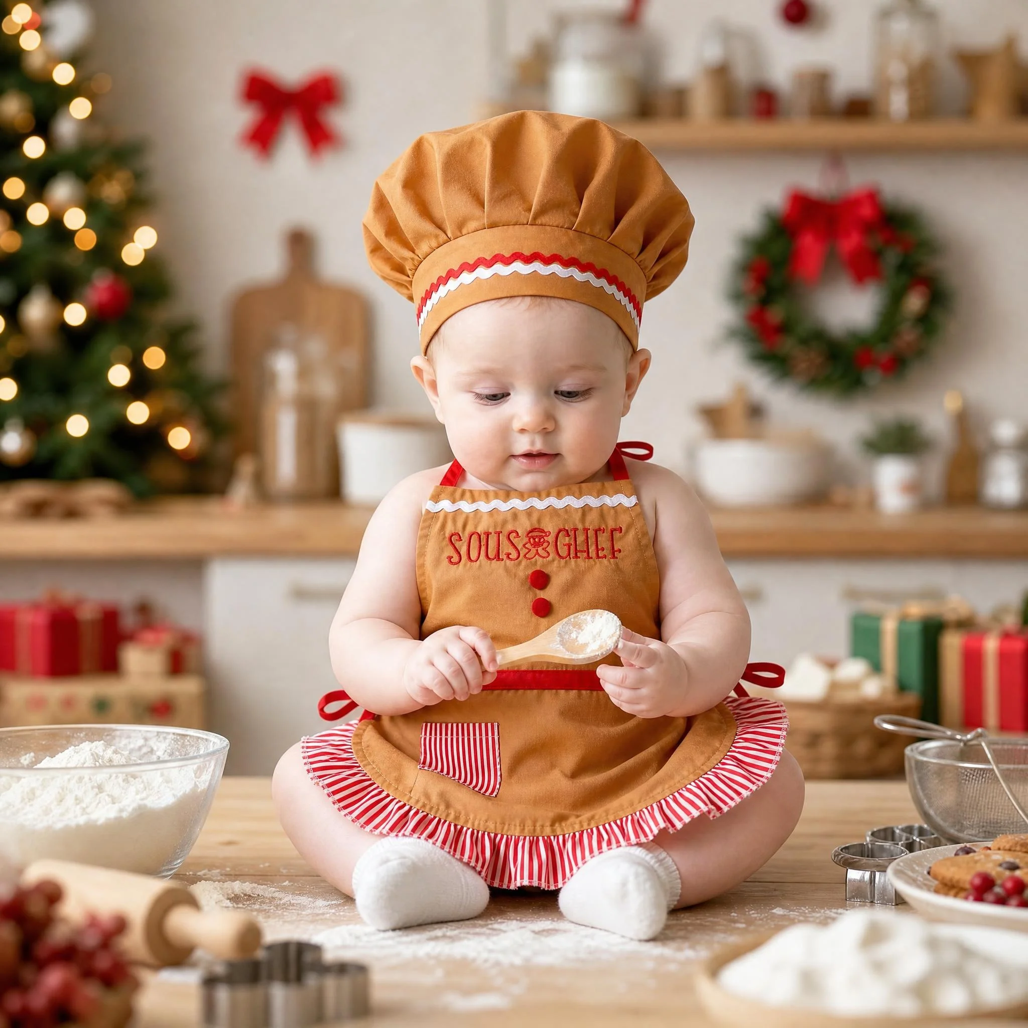 Ylsteed Newborn Embroidered Christmas Photography Clothes Baby Girl Chef Apron Hat for Kids Costumes Chef Cook Costume Prop-HD