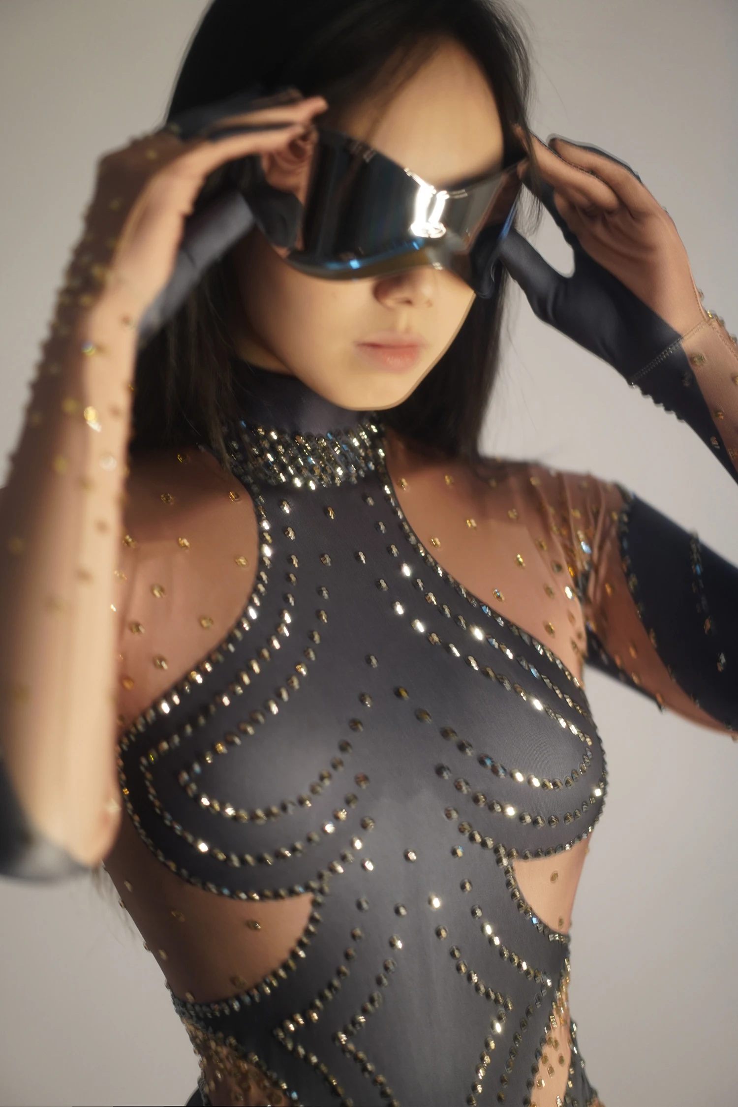 بذلة نسائية بأكمام طويلة من أحجار الراين اللامعة ، زي ملهى ليلي ، حفلة موسيقية ، أداء مغني ، زي رقص ، ملابس مسرح