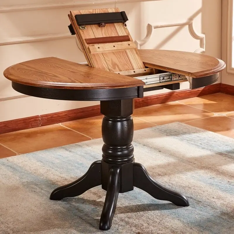 All solid wood dining table dining chair combination folding round household dining table retractable