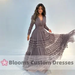 Blooms Customized Elegant Long Sleeves Prom Dresses Various colors Evening Dresses Ruffles V-Neck A-Line Customized Party Gown