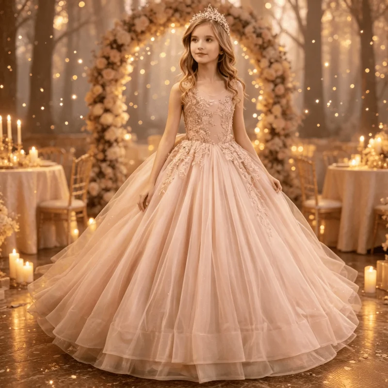 Sleeveless Custom Flower Girl Dress For Wedding 3D Floral Lace Applique Multi Layer Air Tulle Floor Length Forest Birthday