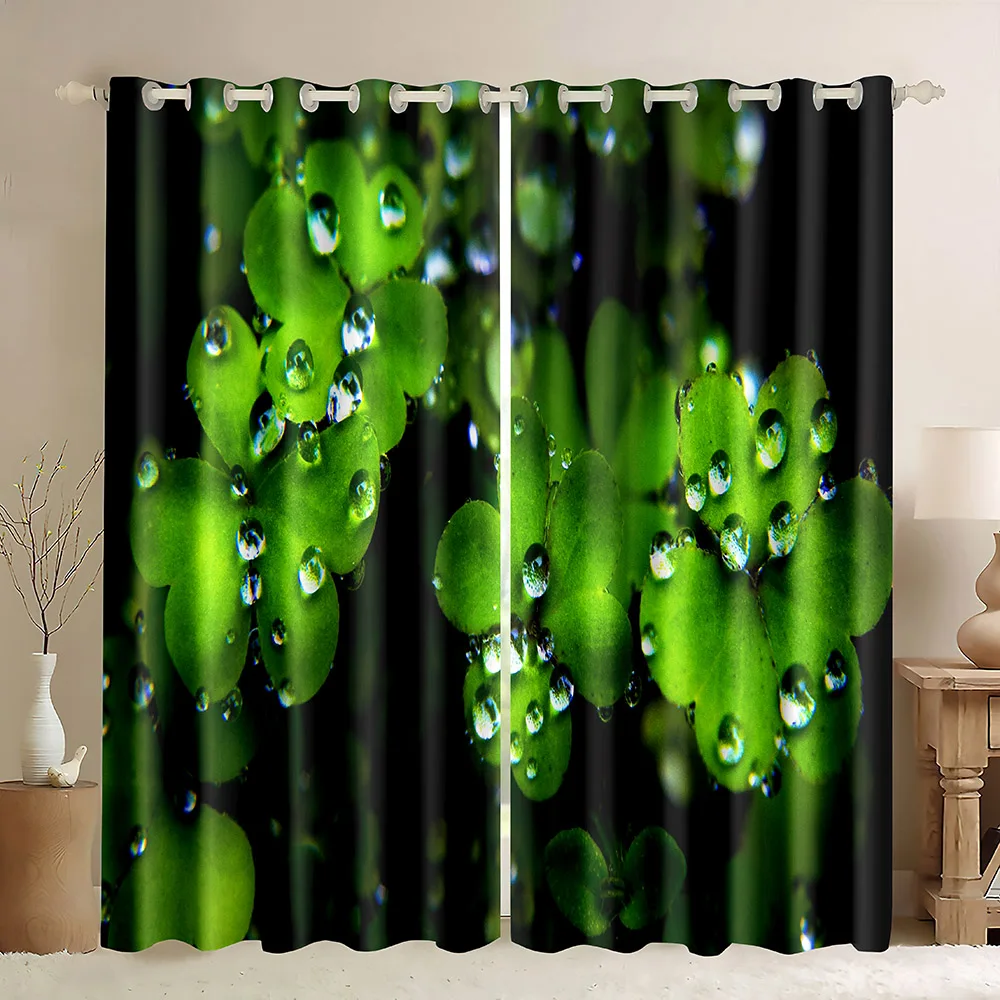 Four Leaf Clover Blackout Curtains,Four Leaf Clover Black Background With Water Drops,St.Patrick's Lucky Clover Window Curtains