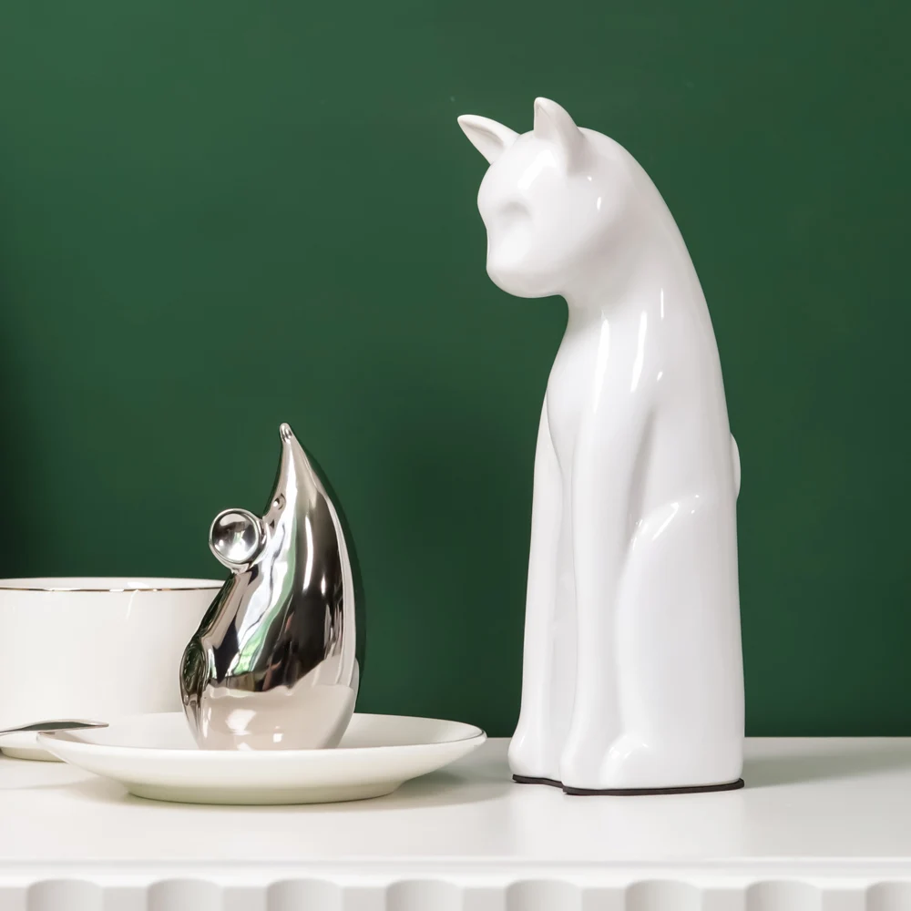 Modern Plain Silver Kitten and Mouse Bird Set Figures Ceramic Cat Figurine Living Room Decorative Crafts Gifts Animal Ornaments