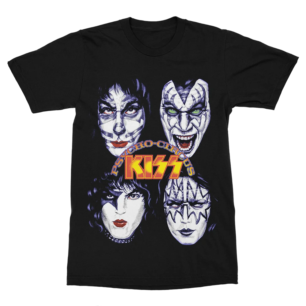 KISS Psycho Circus Full-Cast Face Paint T-Shirt: Black Base with Album Title & Band Logo Design Fan Merch Women and T-shirt