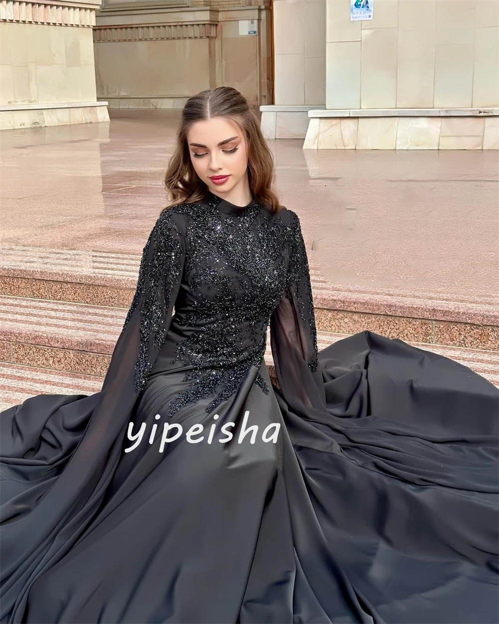 Chiffon Applique Sequined Beading Ruched Valentine\'s Day A-line High Collar Bespoke Occasion Gown Long Dresses