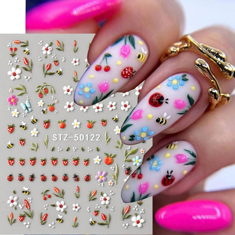 3D Embossed Kawaii Ladybug Sliders Spring White Daisy Flowers Nail Stickers DIY Simple Petals Wedding Nails Decals Accesories image 5