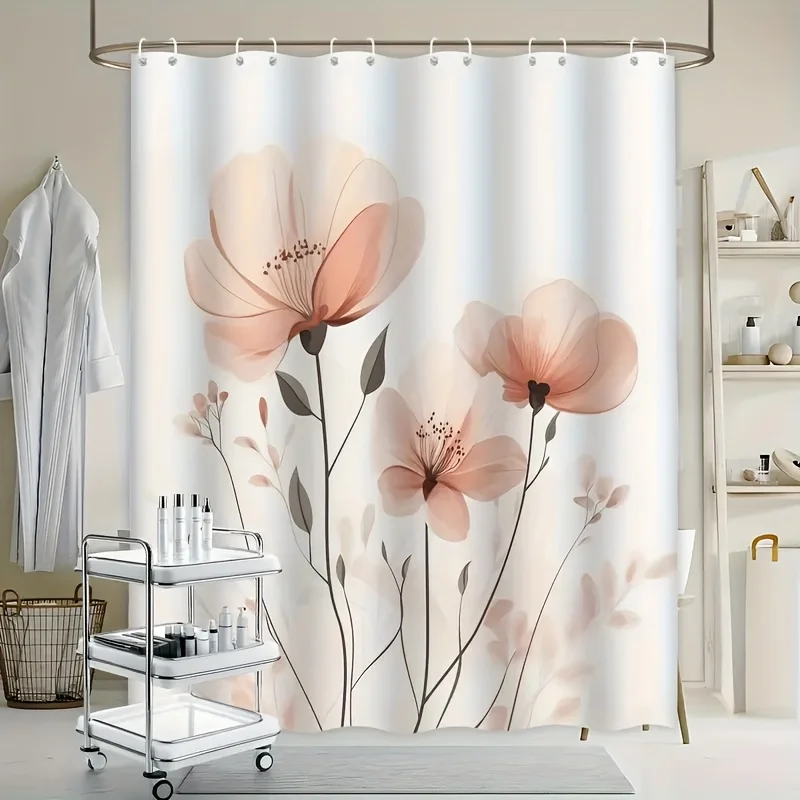 1pc Minimalist Floral Shower Curtain Features a Soft Pink Color, Creating a Fresh And Gentle Overall Look That Embodies a Easy Y