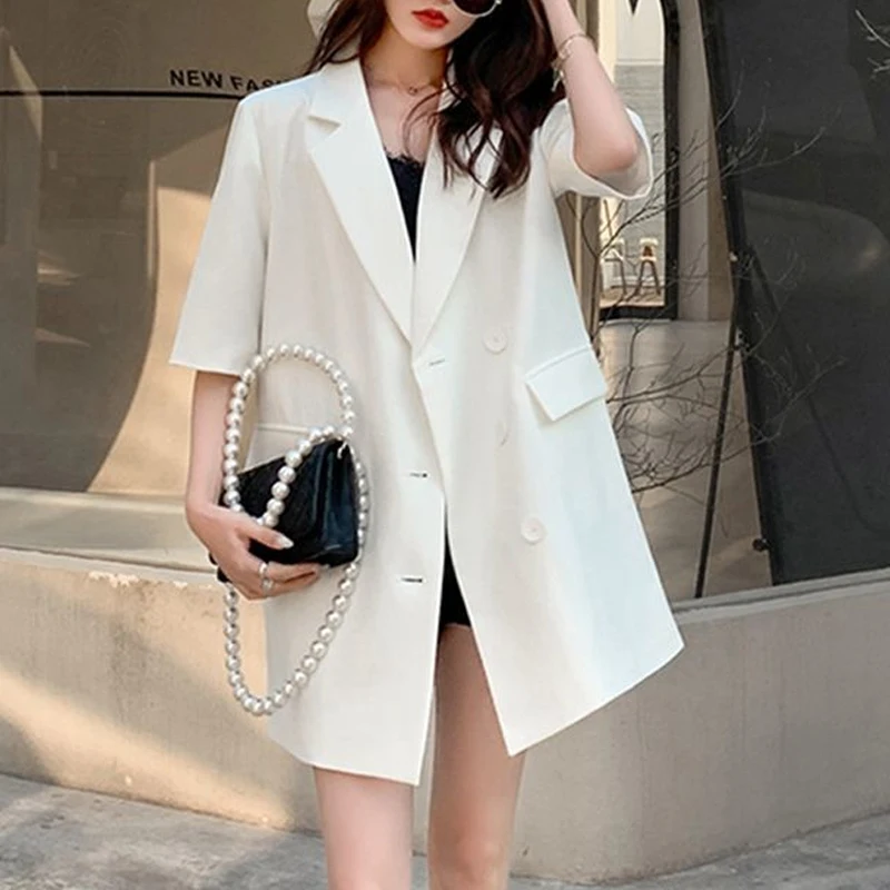 Summer New Solid Color Fashion Short Sleeve Blazers Women High Street Casual Loose Button Youth All-match Mid-length Cardigan