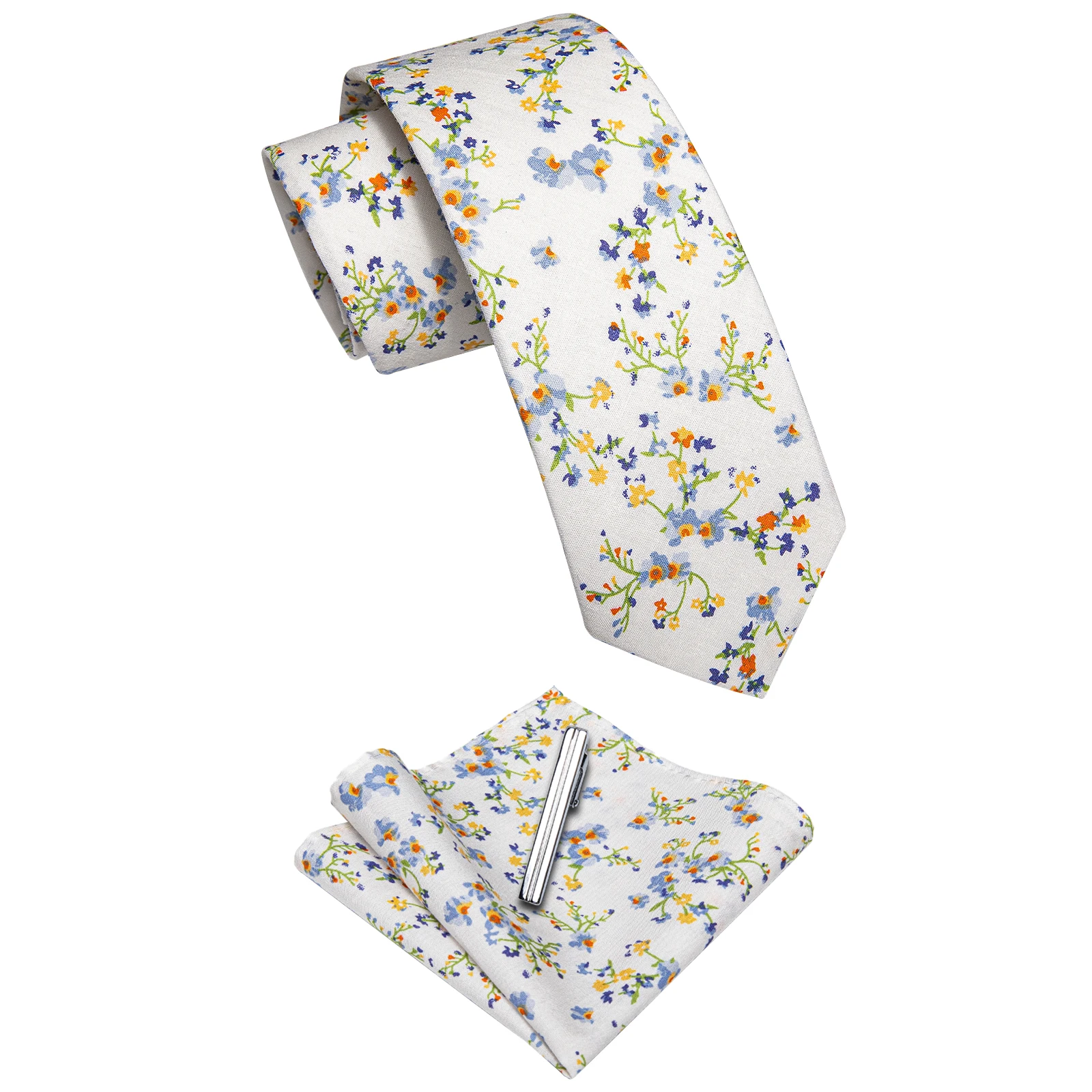 Corbata Floral blanca para hombre, Clip de pañuelo, patrón de flores amarillas y azules, 6,35 CM