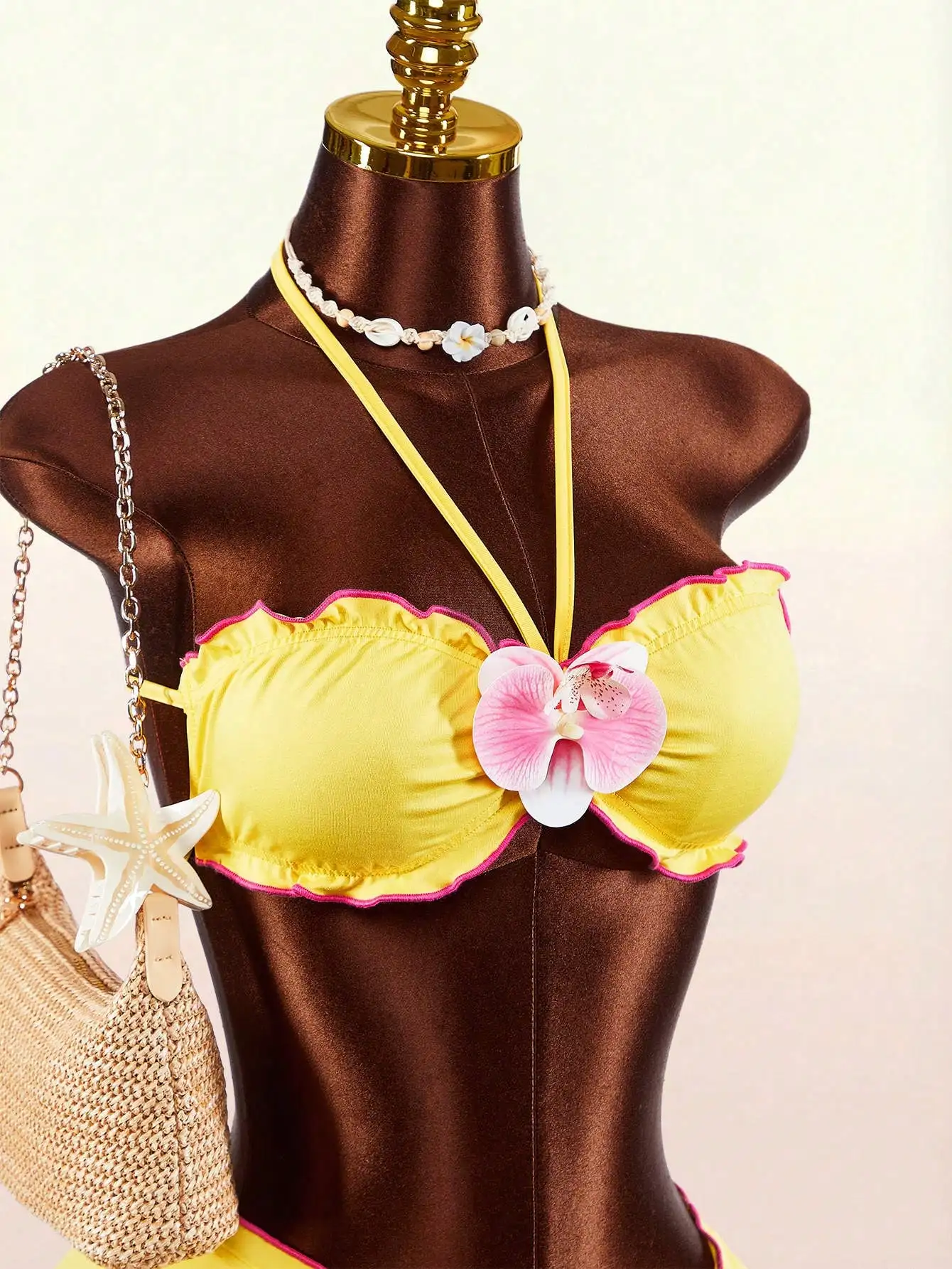 

Yellow Floral Frill Trim Halter Bikini Set With Drawstring Waist Skirt