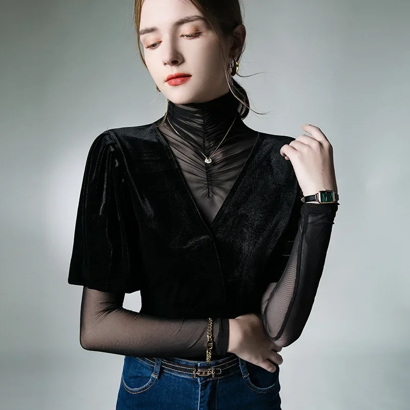 

High Quality Women Autumn T-shirt Velvet Splice Female Winter Sexy Crop Top Clothes Casual Gauze Blouses Grace Meeting Z450