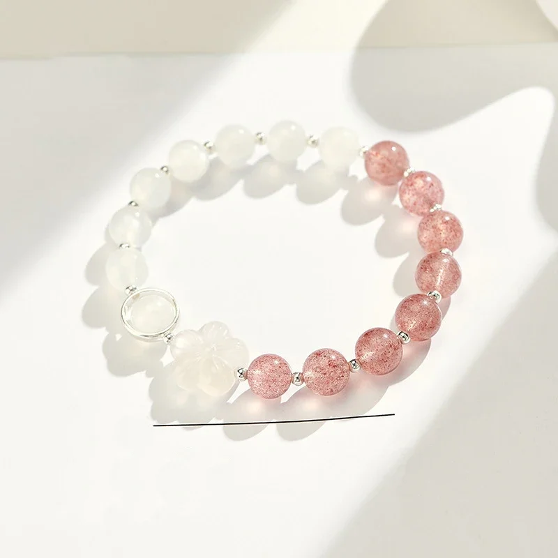 

AngLang Flower Natural White Agate Strawberry Quartz Crystal Beaded Strand Bracelets for Women Female Fine Jewelry Gift YBR879