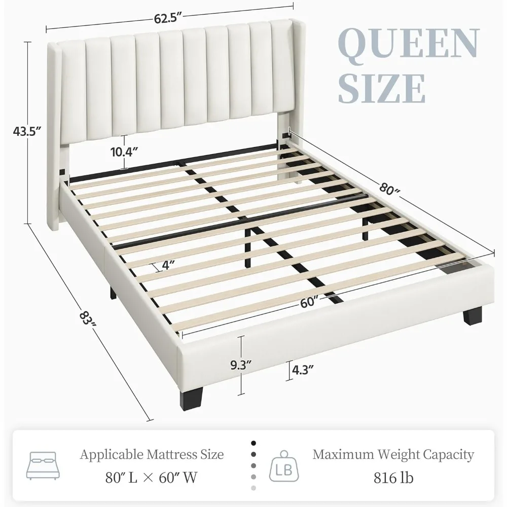 Tempat tidur Ratu tempat tidur Platform berlapis kain dengan Headboard kain, desain tepi sayap/anti-selip dan bebas kebisingan/kayu