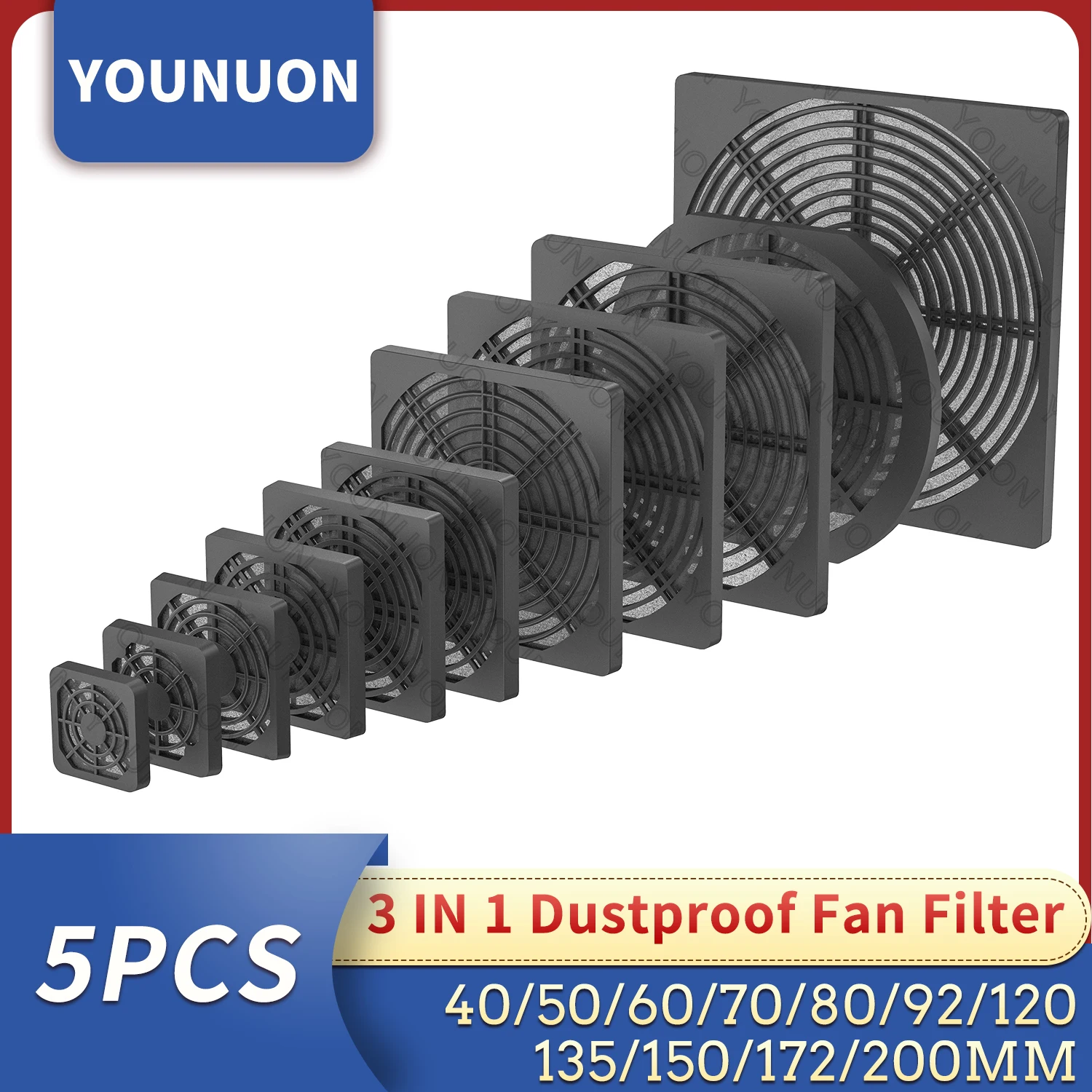 5PCS YOUNUON Dustproof 40mm 50mm 60mm 80mm 90mm 120mm PC Case Fan Dust Filter Guard Grill Protector Cover Plastic ComputerFan