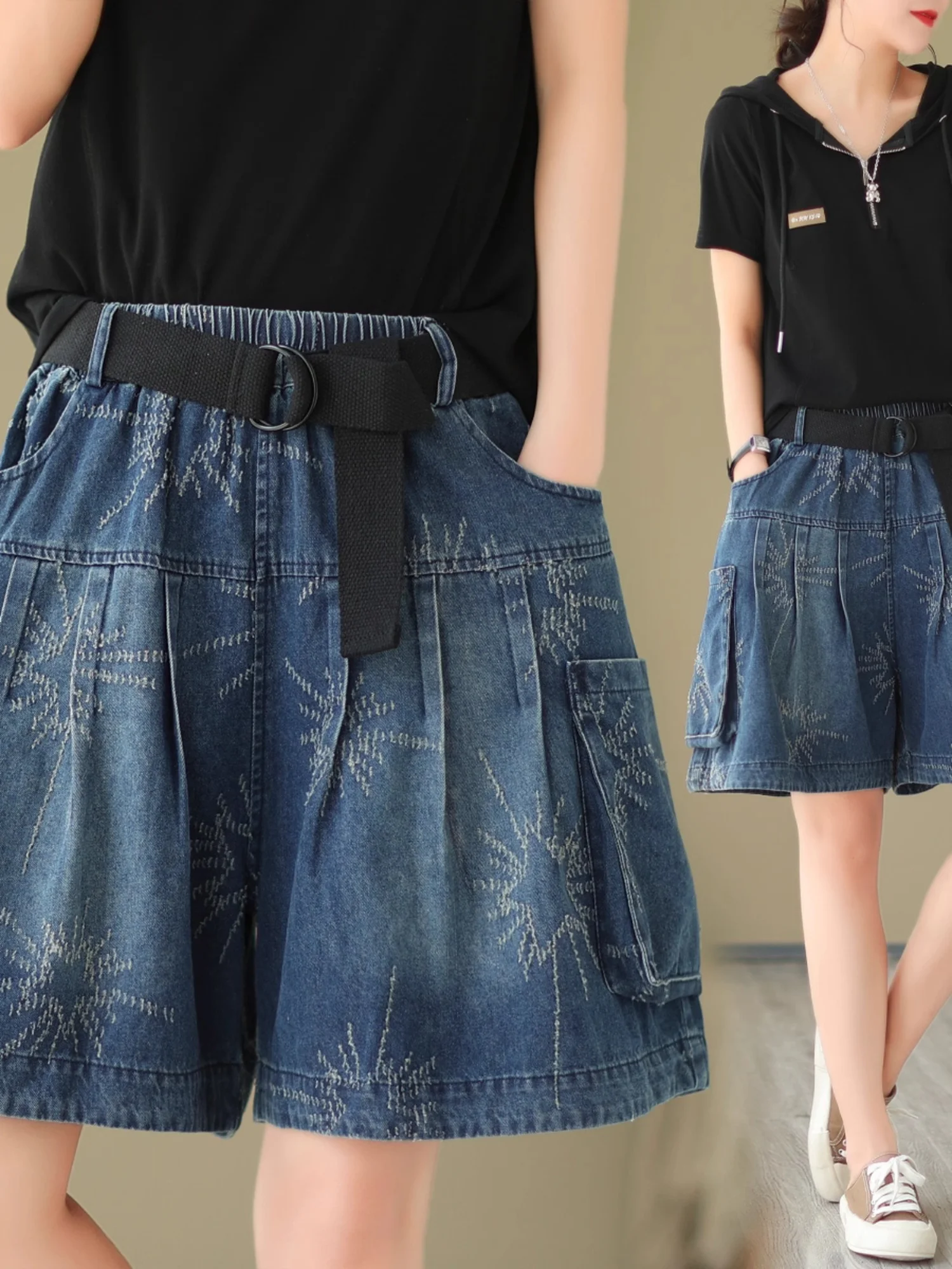 

Джинсовая юбка больших размеров с широкими штанинами, женская летняя юбка ММА, свободная утягивающая юбка с высокой талией, длина пять четвертей, модная вышивка