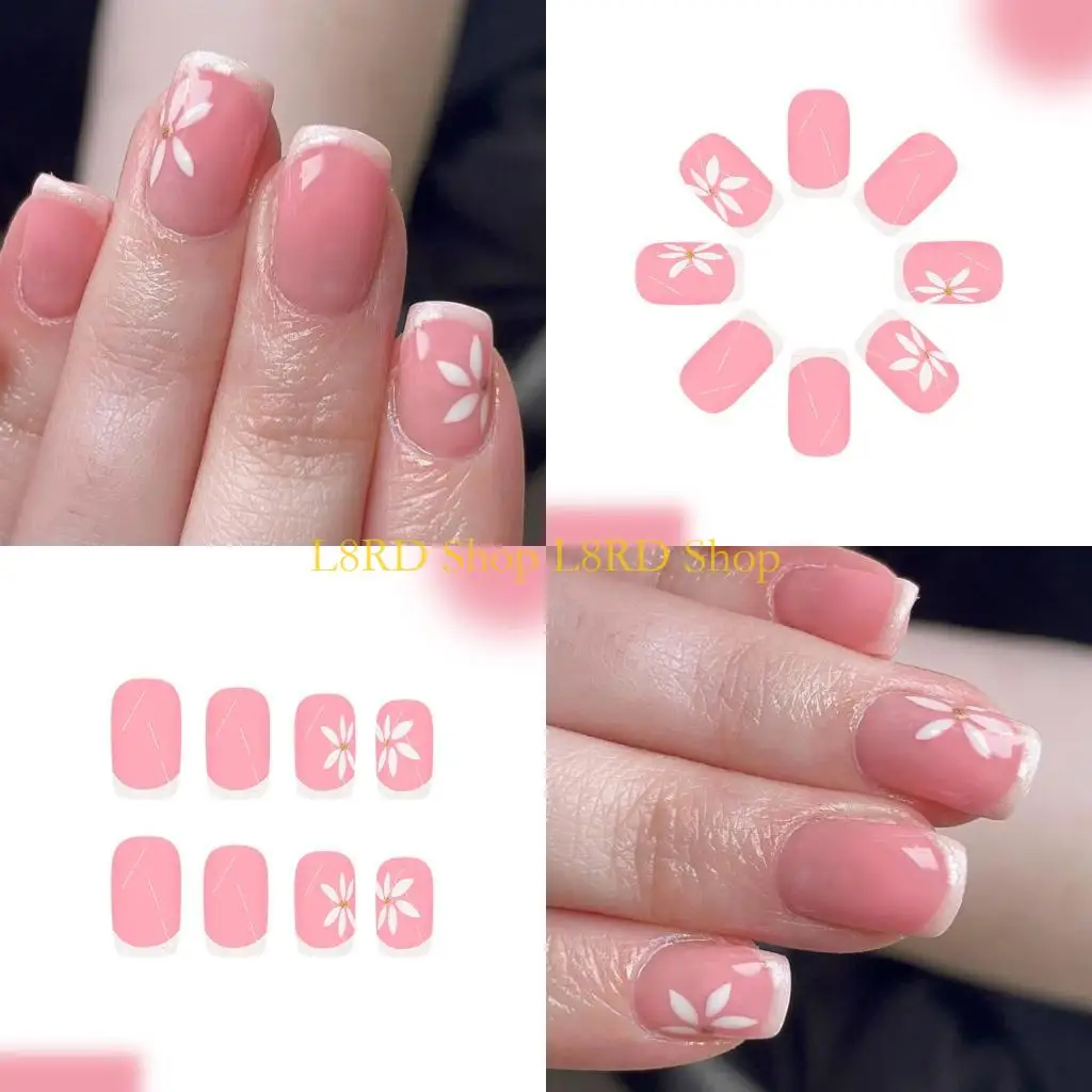 L8RD スクエアプレスオンネイル フレンチチップ フェイクネイル フルカバー フラワーデザイングリッター付きフェイクネイル 人工アクリルネイル